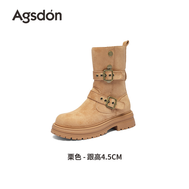 奥古狮登厚底马丁靴女2025新款秋季棕色中筒短靴复古美拉德骑士靴|undefined