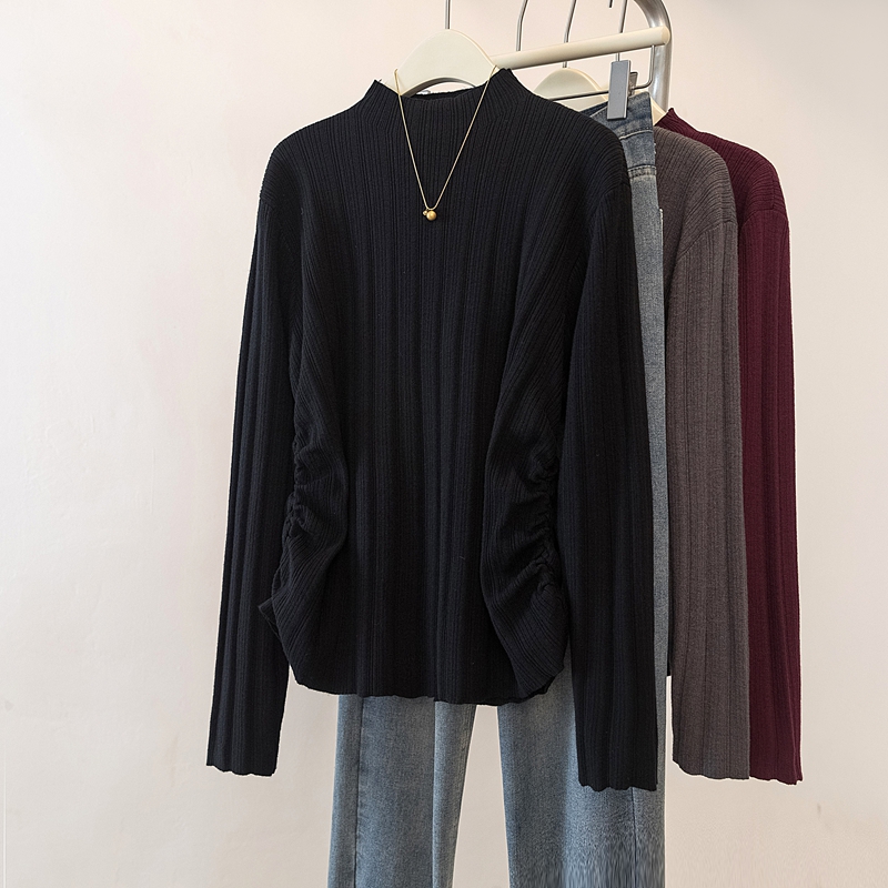 하프 터틀넥 퍼플 스웨터 숄더 긴소매 여성용 가을과 겨울 플러스 사이즈 통통녀 내베이스 셔츠 기질 탑