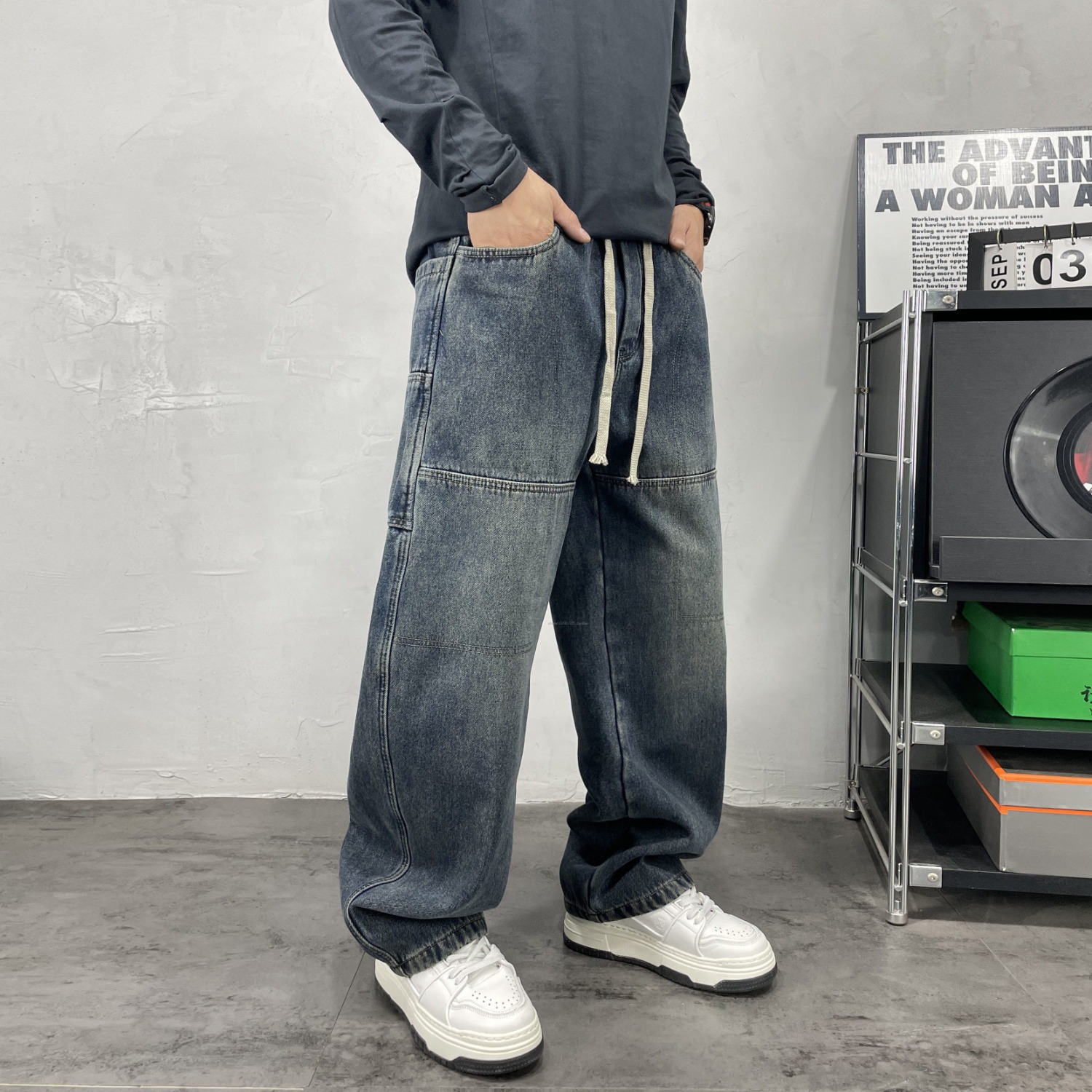 Men's High-Waisted Color-Block Jeans Blue & Black Loose Wide-Leg Straight Pants Hip Hop Style European American Trendy Brand_mkmklike.com