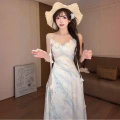 立体的な花のデザインが施された夏の純粋な欲望のドレス、超妖精の甘い女の子のシフォン花柄スカート、スリムでスリムなロングスカート