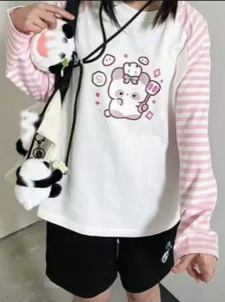 日系可爱小兔印花萌妹圆领甜美日常萌百搭条纹粉色插肩长袖t恤|undefined