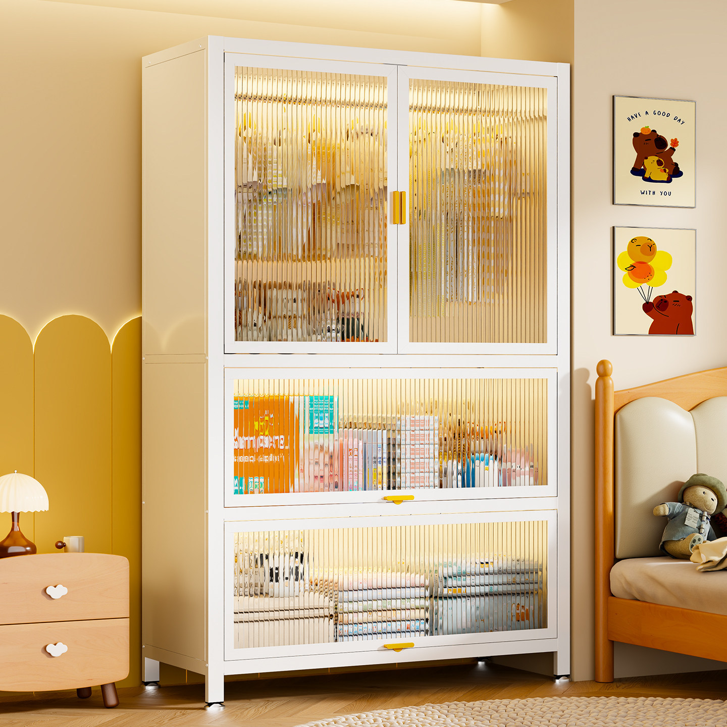 Steel children's wardrobe storage cabinet for rental apartments, small-sized walk-in closet, dust-proof, floor-standing, large-capacity wardrobe