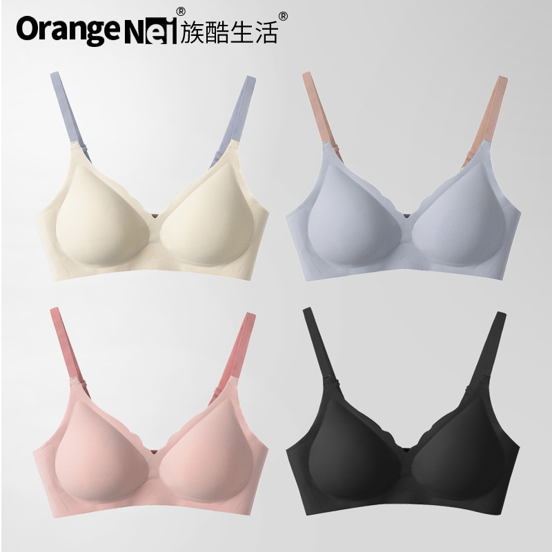 가족 쿨 라이프 오렌지 원피스 비 마킹 속옷 얇은 모임 작은 가슴 큰 스티칭 대비 브래지어 스틸 링 없음