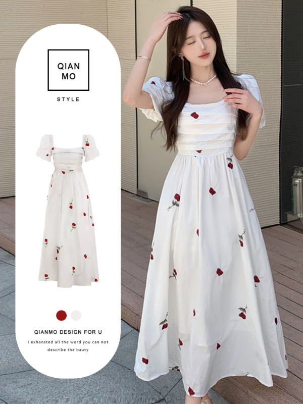 Plus Size French Rose Style Puff Sleeve Dress for Women Summer Fat mm Square Neck Waist Slimming Look White Fairy Skirt