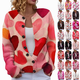 ZJW-YK01-圆领开衫2025情人节爱心外套3D数码印花毛衣跨境新款
