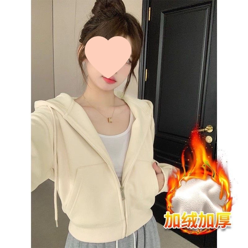 秋冬即墨加绒连帽卫衣外套女设计感短款长袖上衣小个子休闲开衫潮|undefined