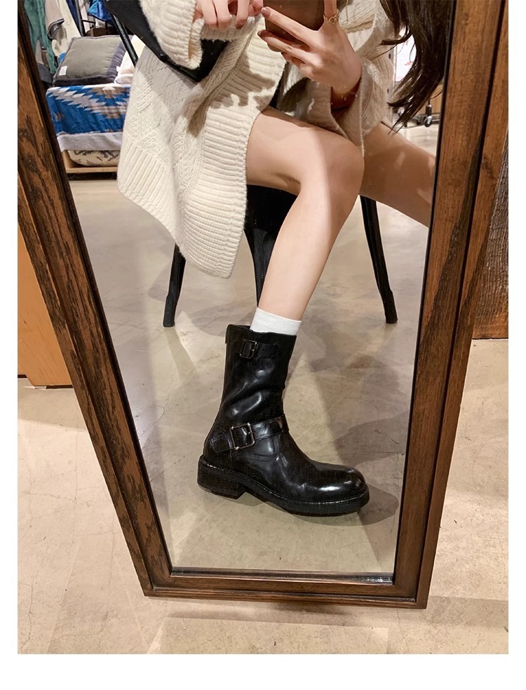 Modisches Schnallendesign, runde Zehenpartie aus Pferdeleder, kleiner dicker Absatz, hohe Absätze_voghion.com