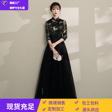 中式小晚礼服2026新款中国风黑色气质长款主持宴会风独唱指挥服女