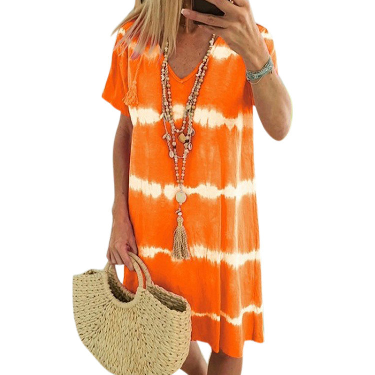 Walmart Cross-border Summer V-neck Striped Printed Tie-dye Short-sleeve Dress For Women In European_ecoleips.com