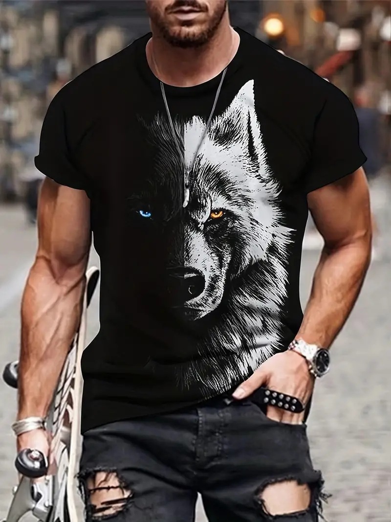 Camiseta transfronteriza de cuello redondo de manga corta transpirable de malla suelta de los hombres con estampado 3D de lobo oscuro