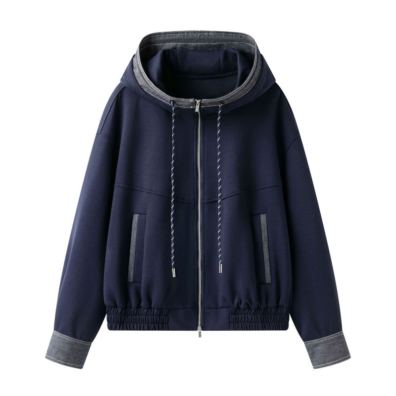 French-style denim patchwork hooded sweatshirt, short jacket for women, 2026 autumn new collection, with drawstring French-style denim patchwork hooded sweatshirt, short jacket for women, 2026 autumn new collection, with drawstring