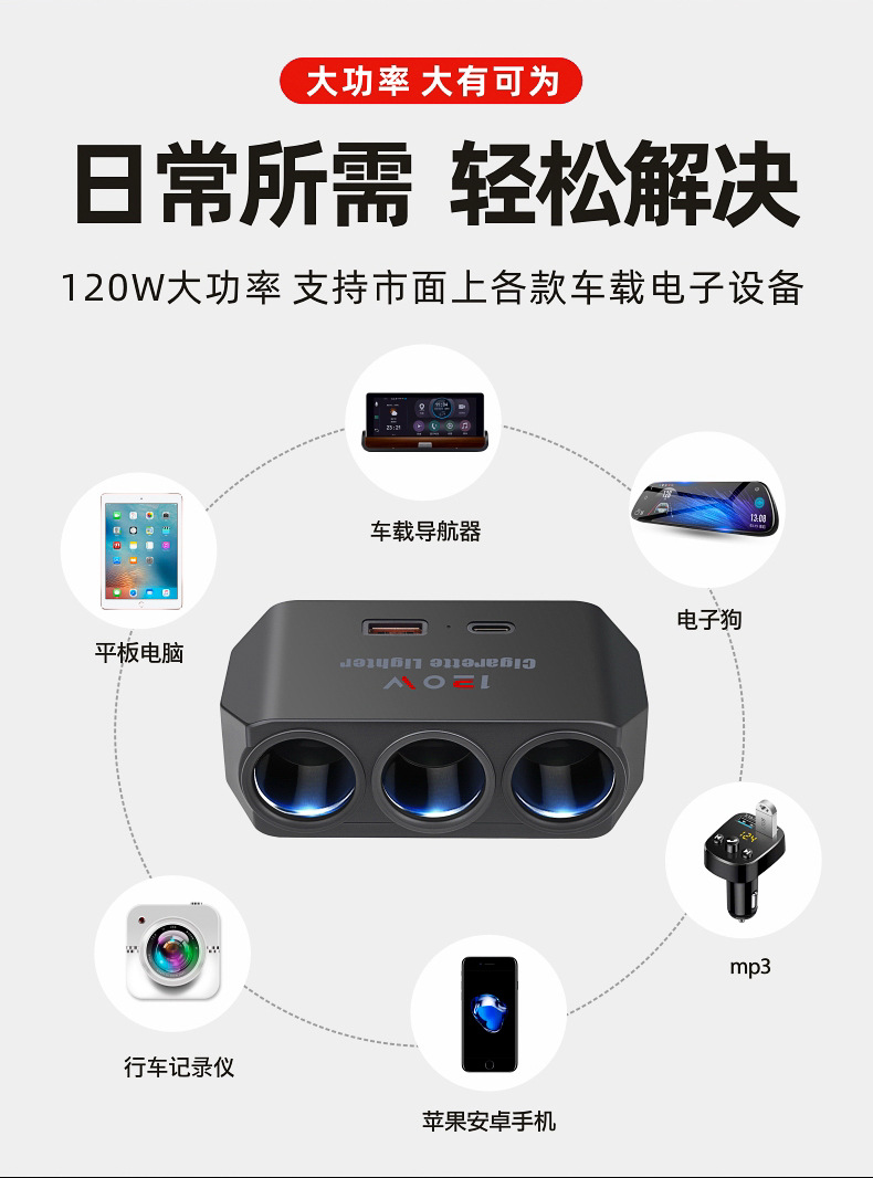 Car Charger Car Cigarette Lighter Conversion Plug Power Extension Cord One to Three USB Fast Charging Rear 24V