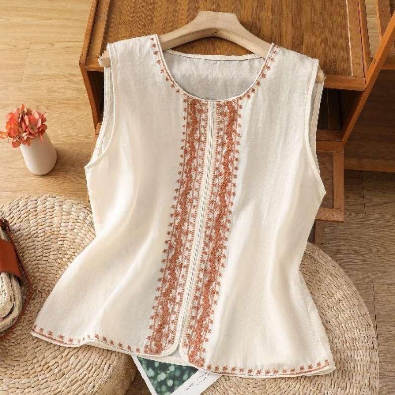 Vintage Old Money Style Embroidered Linen Vest Women's Sleeveless Top 2026 Summer Cotton Linen Base Layer Inner Wear Top