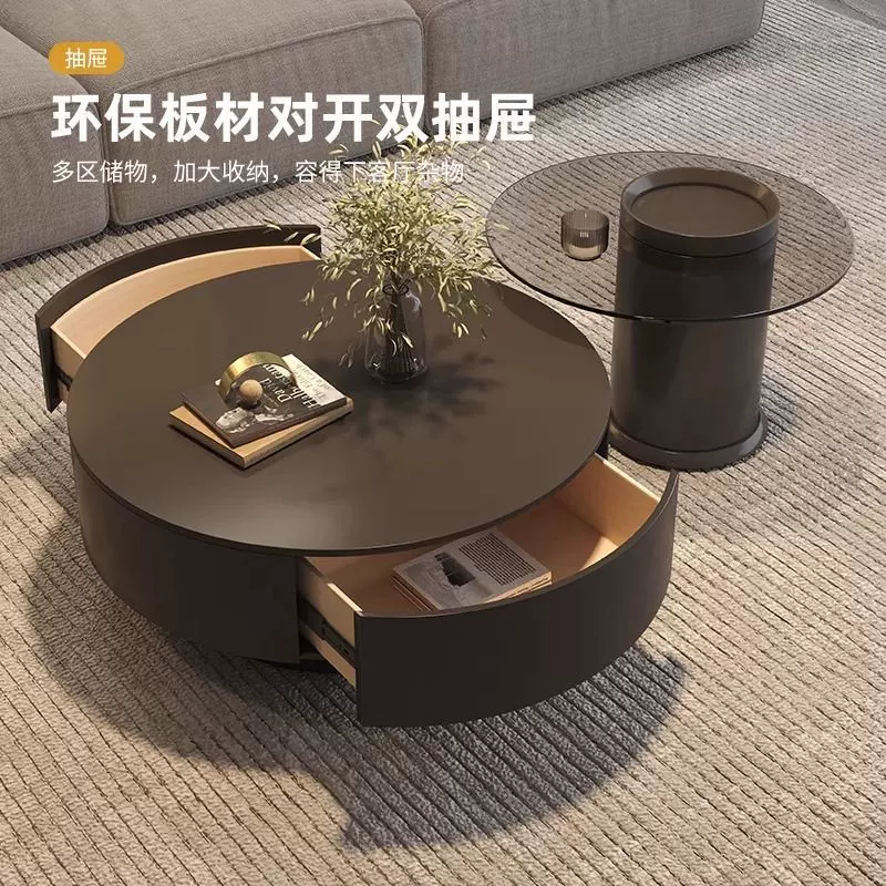 意式轻奢简岩板茶几简约现代客厅小户型高级圆形家用茶桌黑色组合