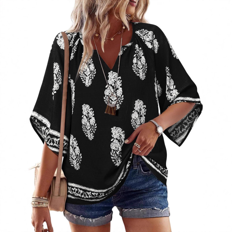 European and American Cross-Border V-Neck Printed Bohemian Pastoral Style Casual Loose Summer Top with 7-Quarter Sleeves for Women