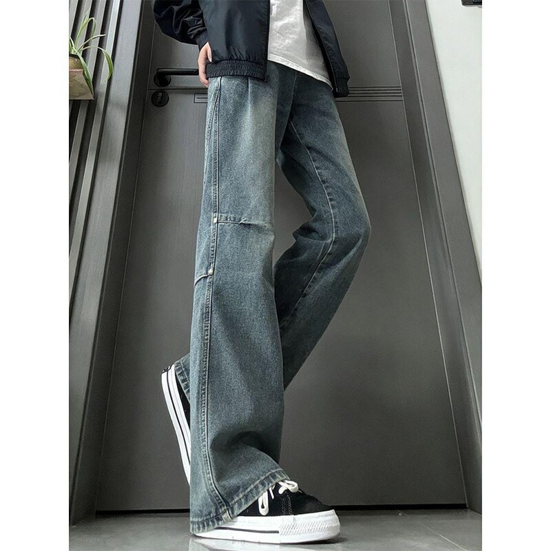 Blue Deconstructed Rivet Workwear Jeans for Men, Cleanfit American Style Trendy Brand Lumberjack Pants, Straight-Leg Slightly Flared Long Pants Blue Deconstructed Rivet Workwear Jeans for Men, Cleanfit American Style Trendy Brand Lumberjack Pants, Straight-Leg Slightly Flared Long Pants
