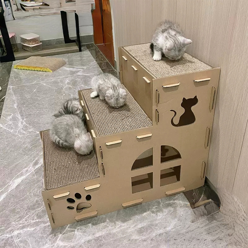 Tablero del rasguño del gato nido de gato tablero de garra de gato integrado casa Villa de papel corrugado tablero del rasguño del gato caja de gato nido de cartón extra grande