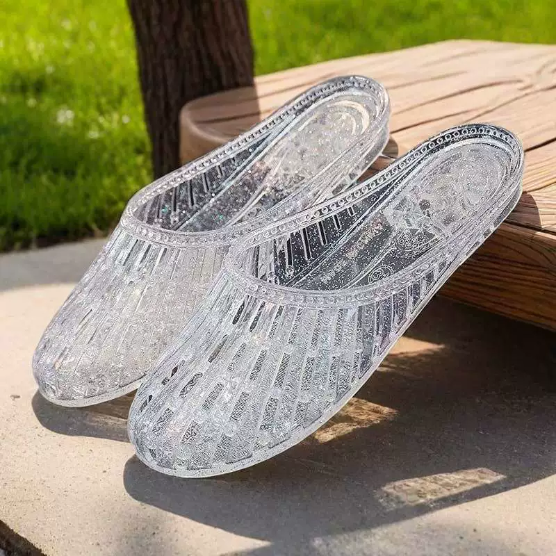 Прозрачные пластиковые сандалии желейного цвета с кристаллами, не вонючие, женские летние старомодные домашние полутапочки с носком, пляжные, приморские