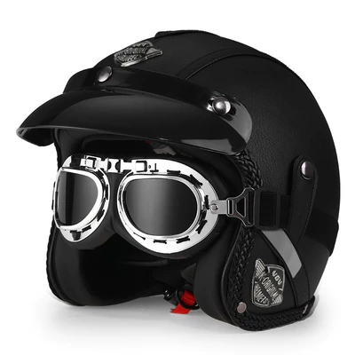Retro Cruise Motorcycle Helmet for, Motosiklet dəbilqələri - m-classic-black-silver-mirror-free-hat-brim-face-towel