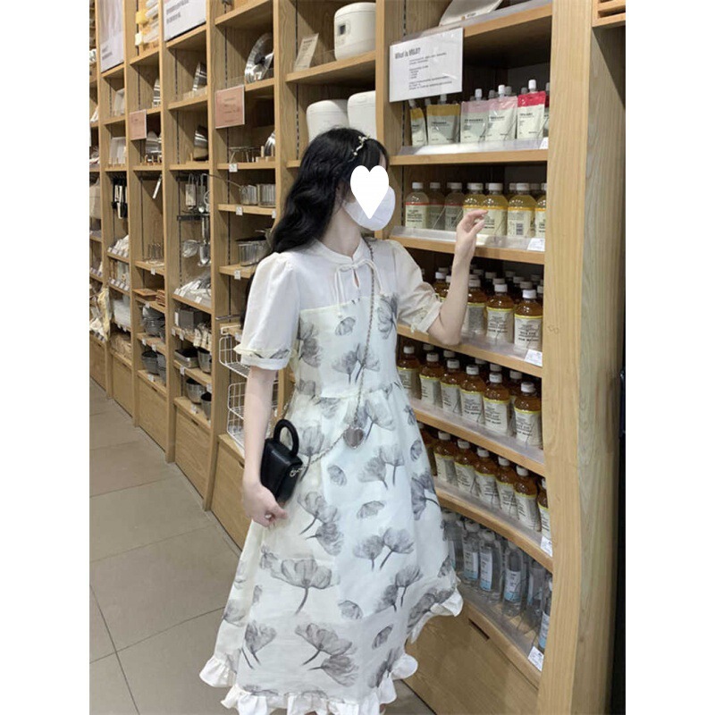 Sweet New Chinese-style Improved Cheongsam Printed Slim Dress with Vertical Collar Female Student Korean-style Mid-length A- line Dress Sweet New Chinese-style Improved Cheongsam Printed Slim Dress with Vertical Collar Female Student Korean-style Mid-length A- line Dress