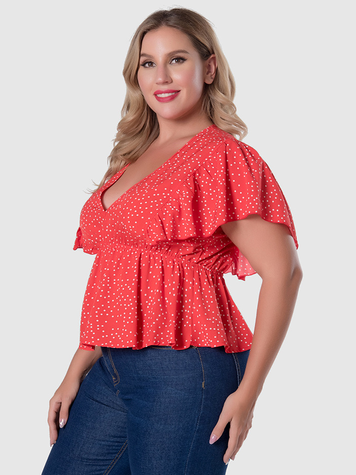 Plus Size V-Neck Polka Dot Ruffled Waist Top NSWCJ92361