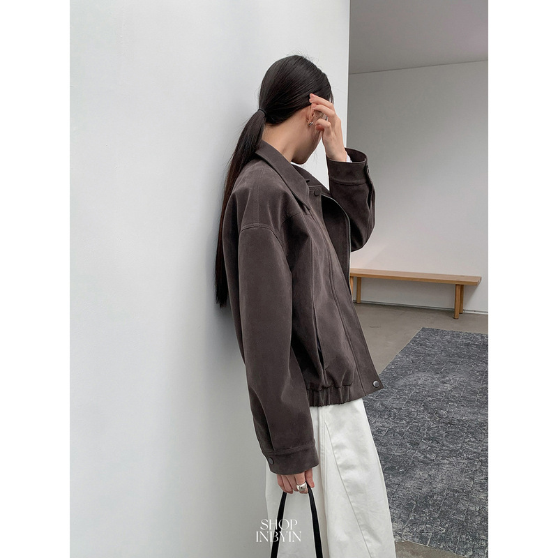 [No Returns or Exchanges] Retro Textured Suede Lapel Jacket, Spring Loose-Fitting Leather Jacket for Petite Women