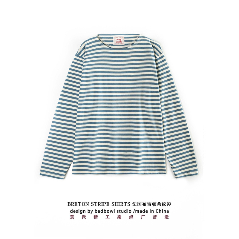 Original One-character Collar Loose Casual T-shirt Men's Blue and White Striped T-shirt Men's Pure Cotton All-match Long Sleeve Sea Soul Shirt Shirts Shown in White