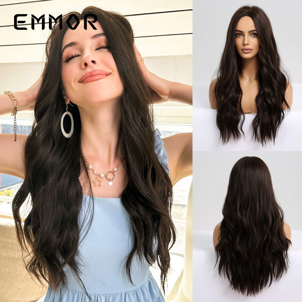 Nueva peluca de estilo europeo y americano transfronterizo, temperamento femenino, diosa, degradado, rollo largo marrón, stock de fábrica, cubierta completa