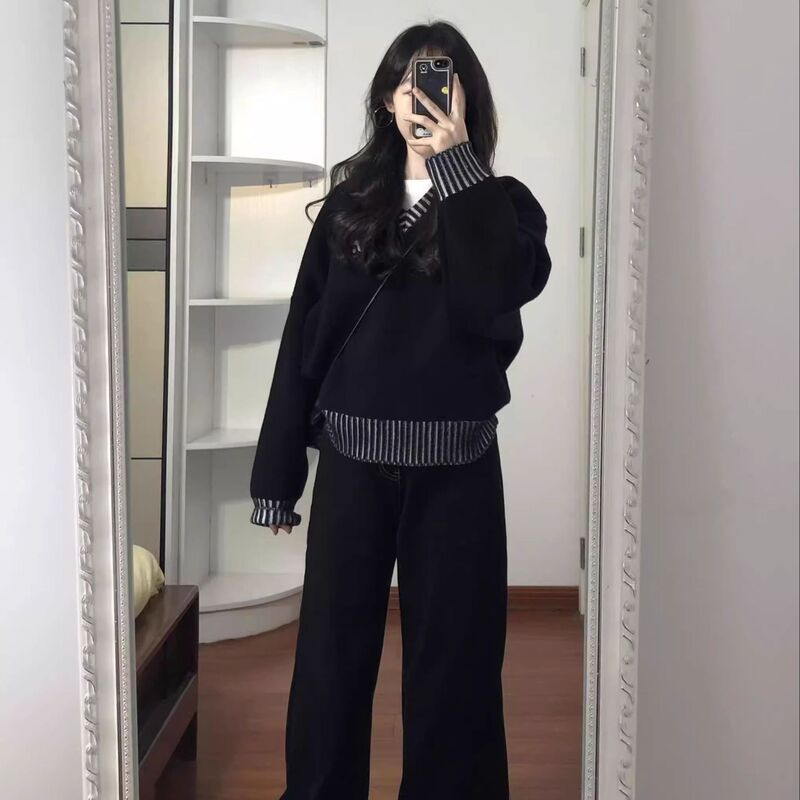 感设计韩系条纹撞色外穿套头上衣复古糯软慵懒风毛衣女秋冬季|undefined
