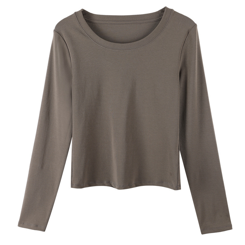 Ropa de Otoño e Invierno para mujer nueva camisa de fondo estilo coreano Cuello redondo para mujer Slim fit adelgazamiento color sólido Algodón elástico desgaste exterior interior superior