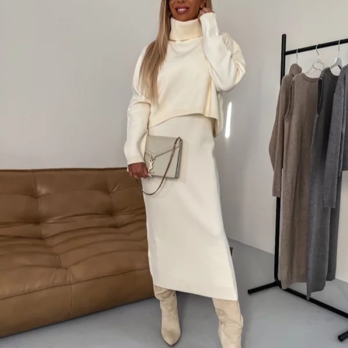 Solid Color High-Neck Knitted Hip Skirt Two-Piece Set Autumn and Winter New Cross-Border Foreign Trade Knitted Suit for Women