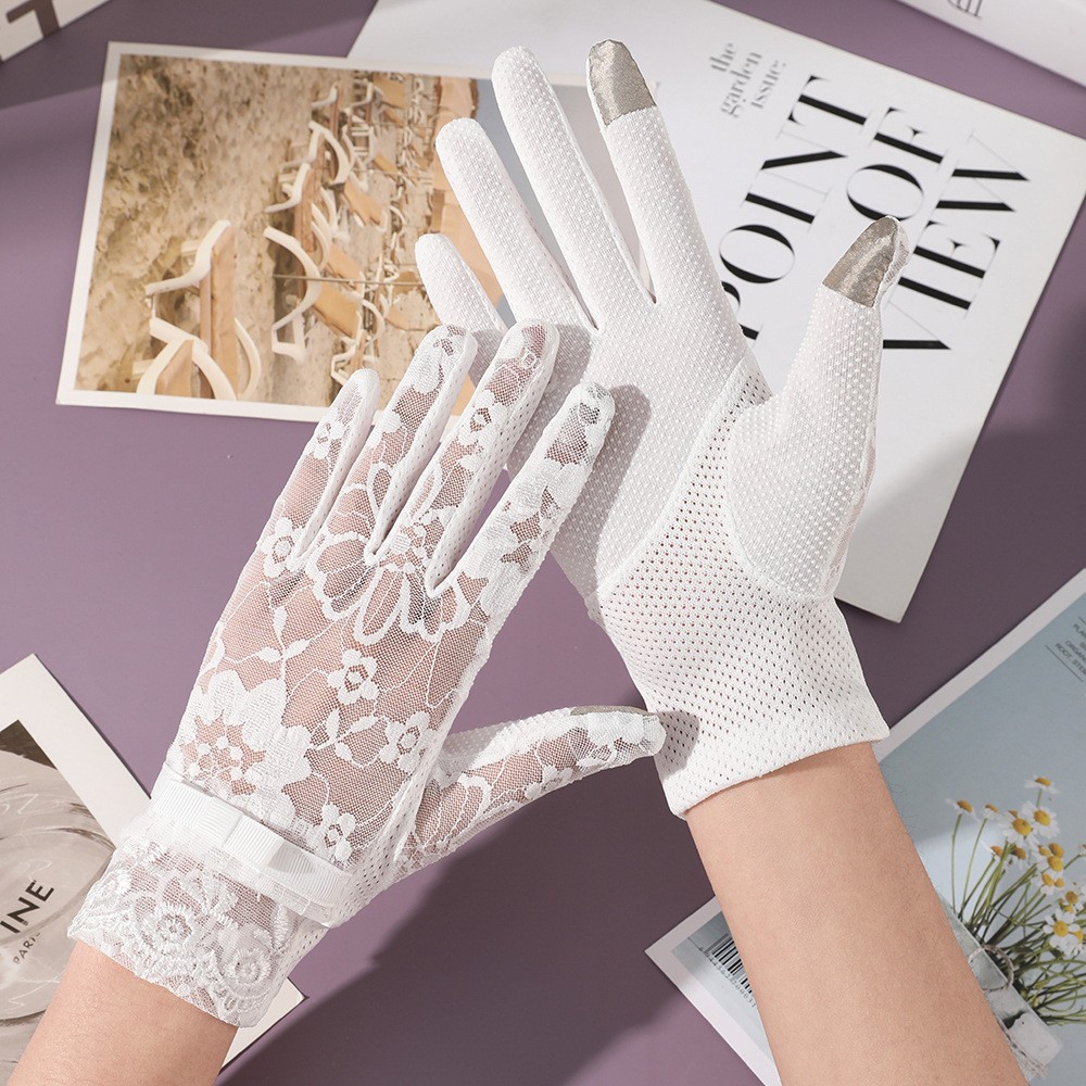 Guantes de protección solar para mujer en verano, protección UV, longitud extendida, hilo de algodón, para conducir y andar en bicicleta, pantalla táctil, antideslizantes, guantes finos de encaje