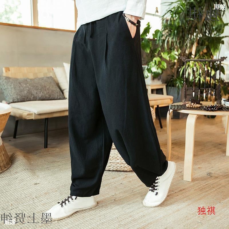 汉服唐装中式亚麻裤子男中国风百搭宽松大码阔腿裤休闲灯笼哈伦裤