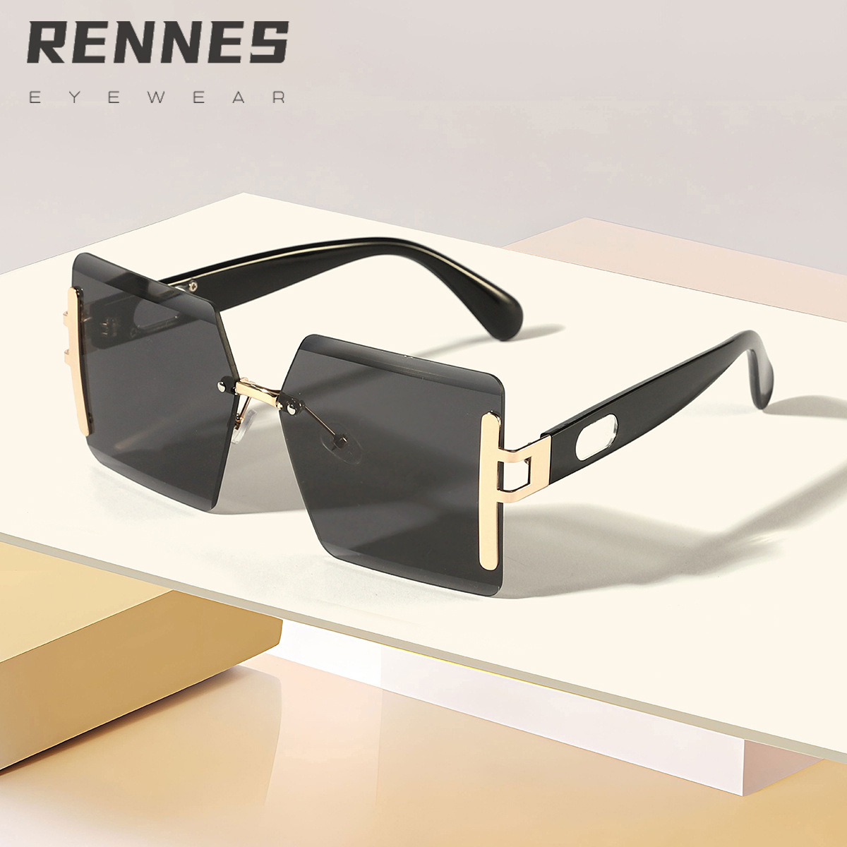 Nuevas gafas de sol cuadradas sin marco multicolores transfronterizas, gafas de sol de protección solar de pasarela de lujo ligero europeo y americano para mujeres Sunglasses