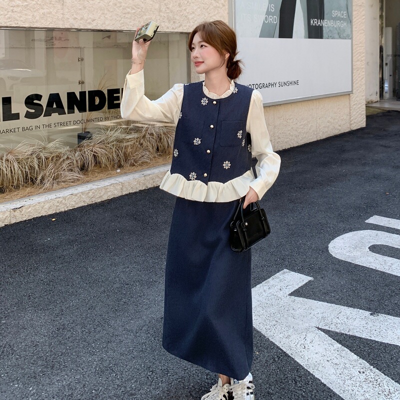实拍洋气小香风套装裙女秋季2025新款刺绣马甲衬衣半身长裙三件套|undefined