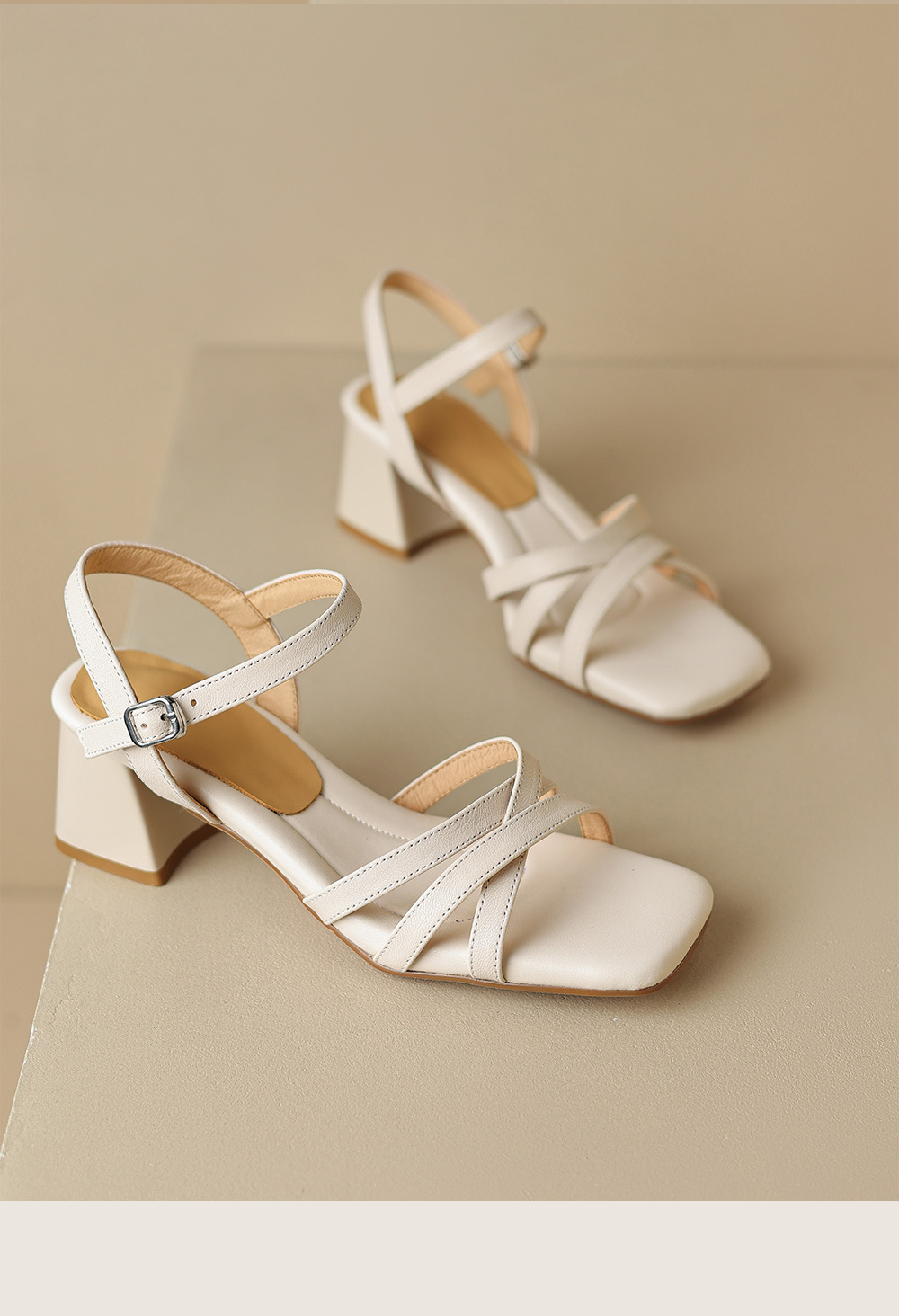 Sandal nữ quai ngang dệt sọc nhỏ da cừu, gót vuông ổn định, cỡ lớn 34–43 — Màu trắng be chi tiết 20