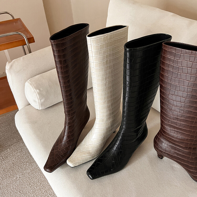 Embossed Cowhide Square Head Knights Boots Women's Fine Heel Straight Boots Winter New Solid Color High Heel Sleeve Style Knee-high Boots Embossed Cowhide Square Head Knights Boots Women's Fine Heel Straight Boots Winter New Solid Color High Heel Sleeve Style Knee-high Boots