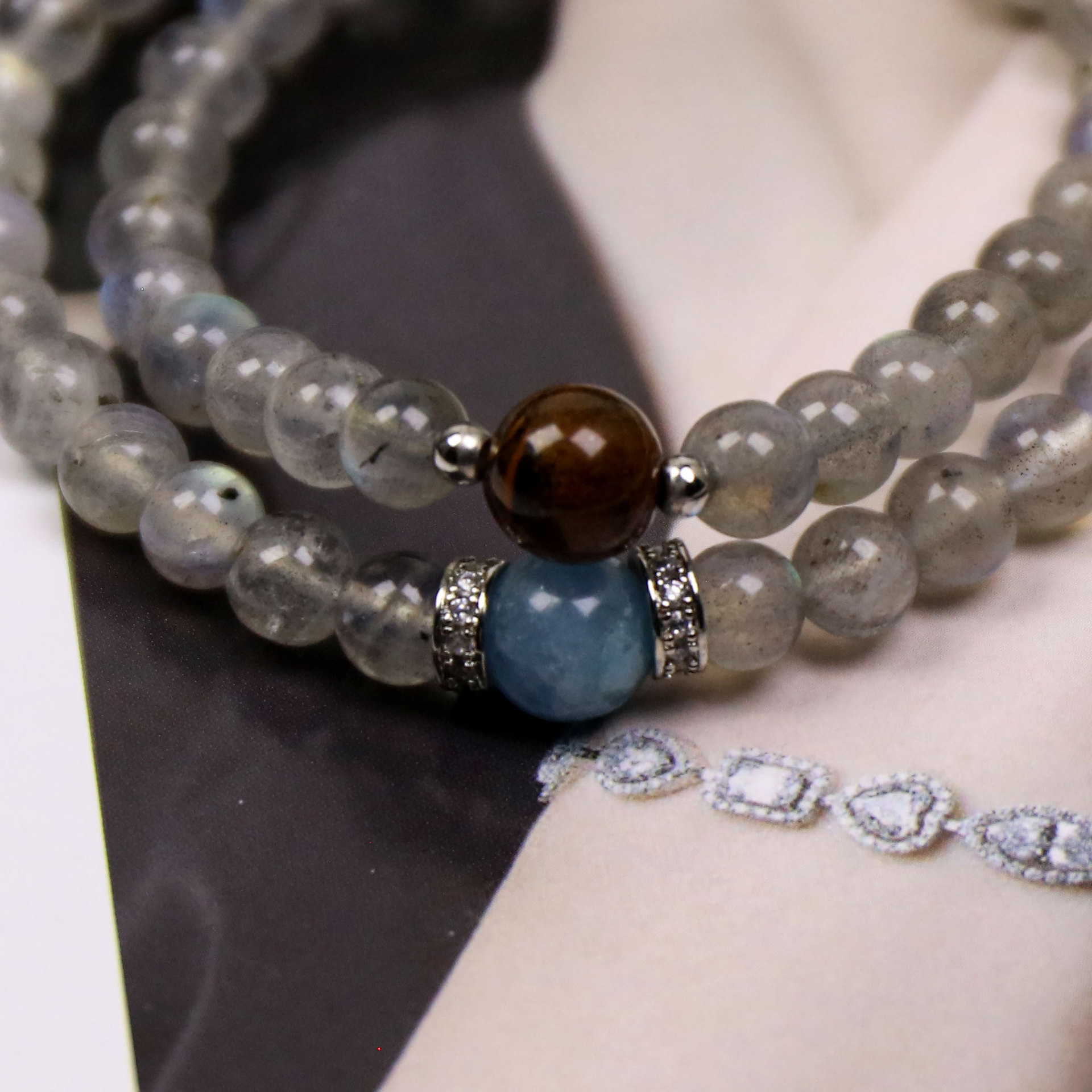 Universe Letter Aquamarine Moonstone Tigereye Double-layer Bracelet