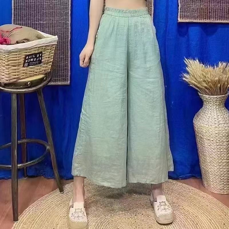 예술적 100 고급 라미 바지 레트로 하이 엔드 솔리드 컬러 페어리 바지 넓은 다리 바지 여성용 발목 길이 바지 높은 허리 슬리밍
