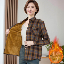 复古风中年女士长袖格子衬衫秋冬加绒加厚百搭显瘦气质优雅上衣女