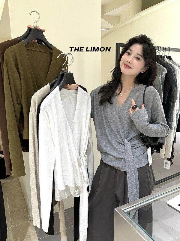 the limon柠檬绿茶设计感绑带V领针织衫女2025秋季温柔气质上衣|undefined