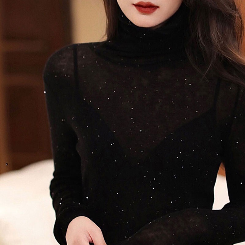 Superfine Water-soluble Thin Sheep Wool Base Shirt Shining Diamond Knit Women's Pile Collar Shining Sand Piece Turtleneck Sweater