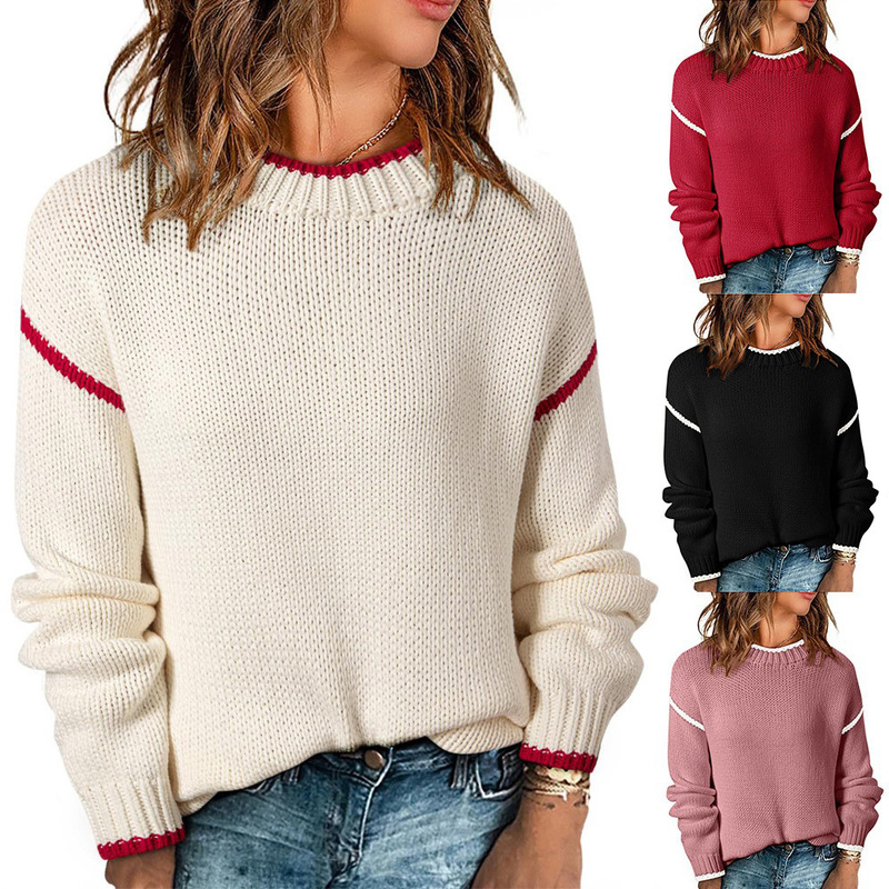 2025 European and American Independent Station Cross-Border New Casual Pullover Long-Sleeved Loose Contrasting Color Christmas Pure Color Sweater for Women