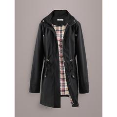跨境Women's Solid Color Drawstring Zip Up Hooded Trench Coat