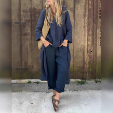 2025春秋棉麻大码女装独立站欧美宽松休闲V领长袖长裤两件套套装