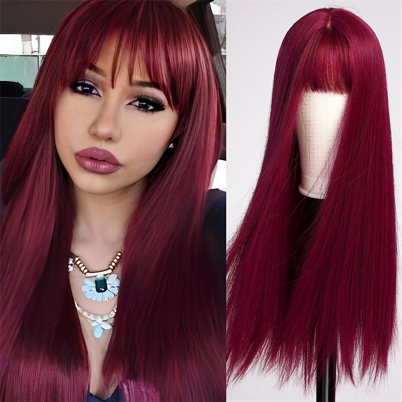 Amazon European and American fashion wig women's wine red long straight hair simulation scalp long hair whole top headgear manufacturers supply