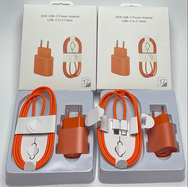 Suitable for iPhone 17 Orange Charger Cross-Border 35W Us/Uk/Eu Dual Type-C Fast Charging Set Suitable for iPhone 17 Orange Charger Cross-Border 35W Us/Uk/Eu Dual Type-C Fast Charging Set