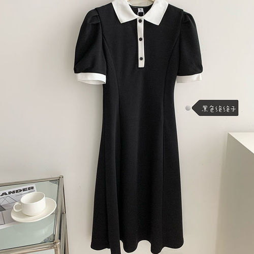 French puff sleeve short-sleeve dress for women, summer, waist-cinching, slimming, stomach covering, POLO collar, long dress