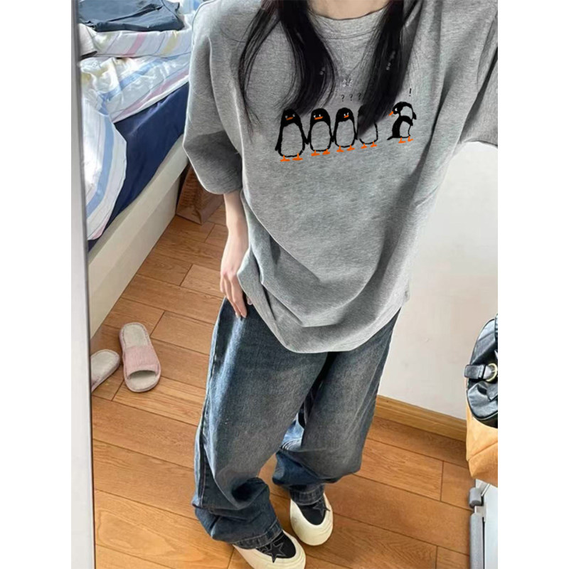 Pure Cotton American Retro Gray Penguin Print Short-Sleeved T-Shirt for Women with a Niche Design, Loose Summer Half-Sleeved Top