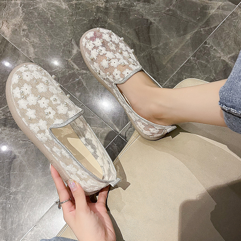 2024 Spring/Summer New Korean Edition Lace Mesh Flat Bottom Set Feet Single Shoes for Women with Breathable One Step, Lazy Embroidered Women's Shoes_voghion.com
